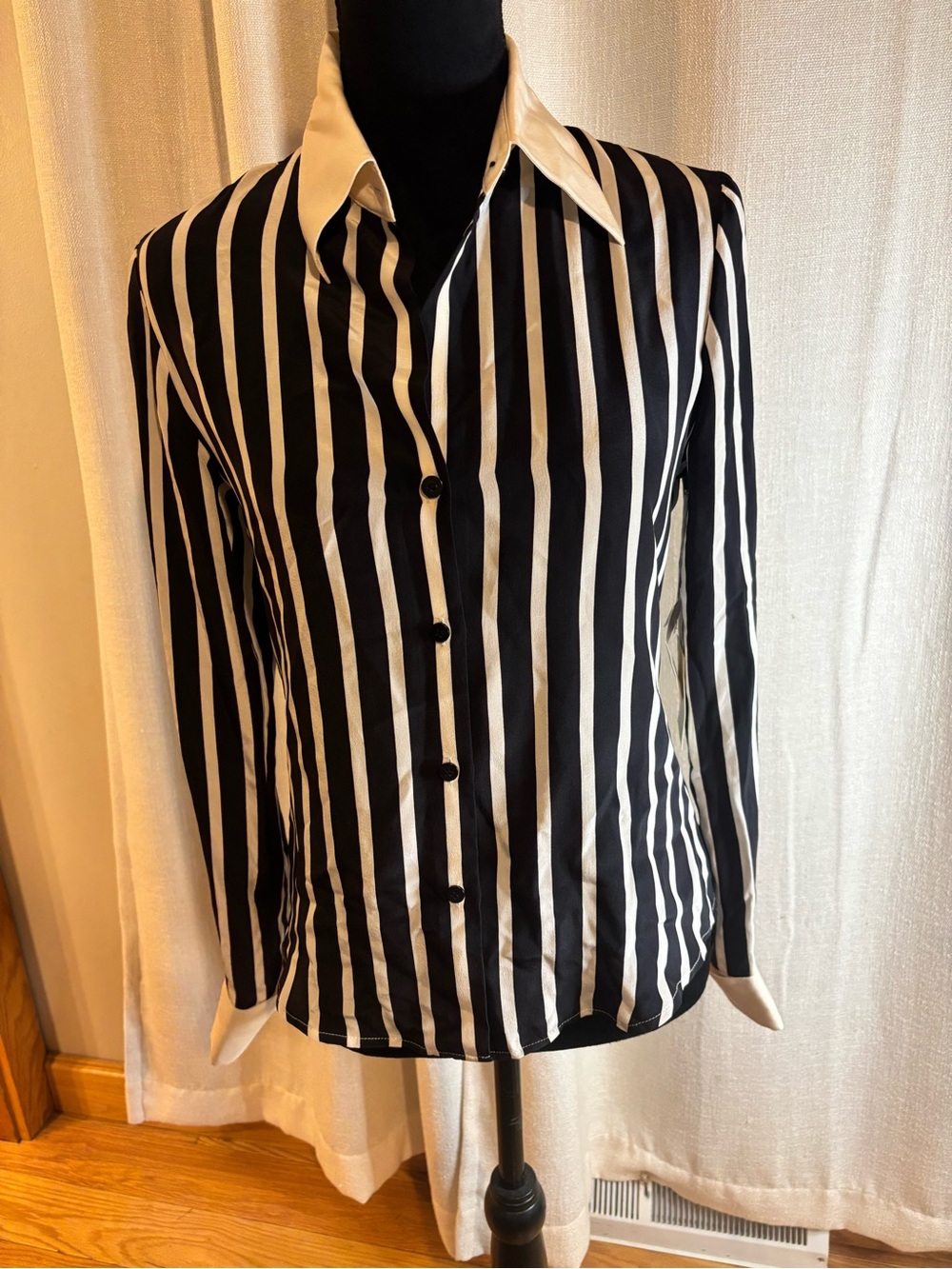 Moda International Women's Long Sleeve Stripe Silk Blouse Size XS Black White